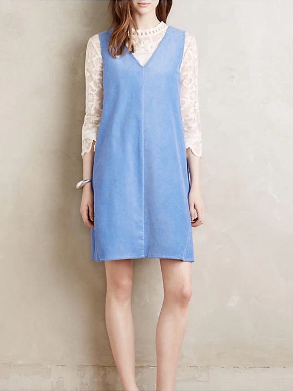 DOLAN Corded V-neck Shift Dress Small Petite Blue‎ Corduroy Womens